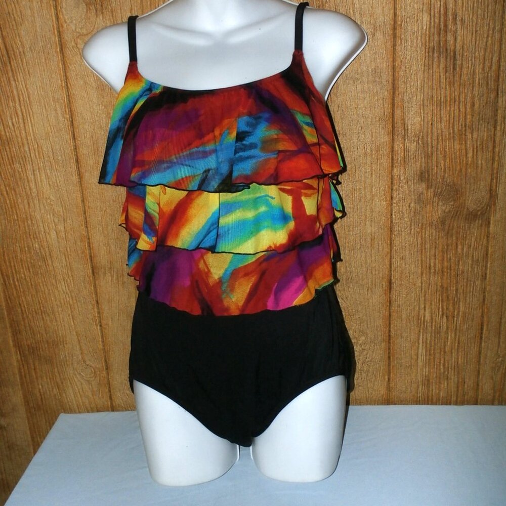 LONGITUDE Swimsuit Size 12 Black w/ Bright Tiered Mesh Ruffles